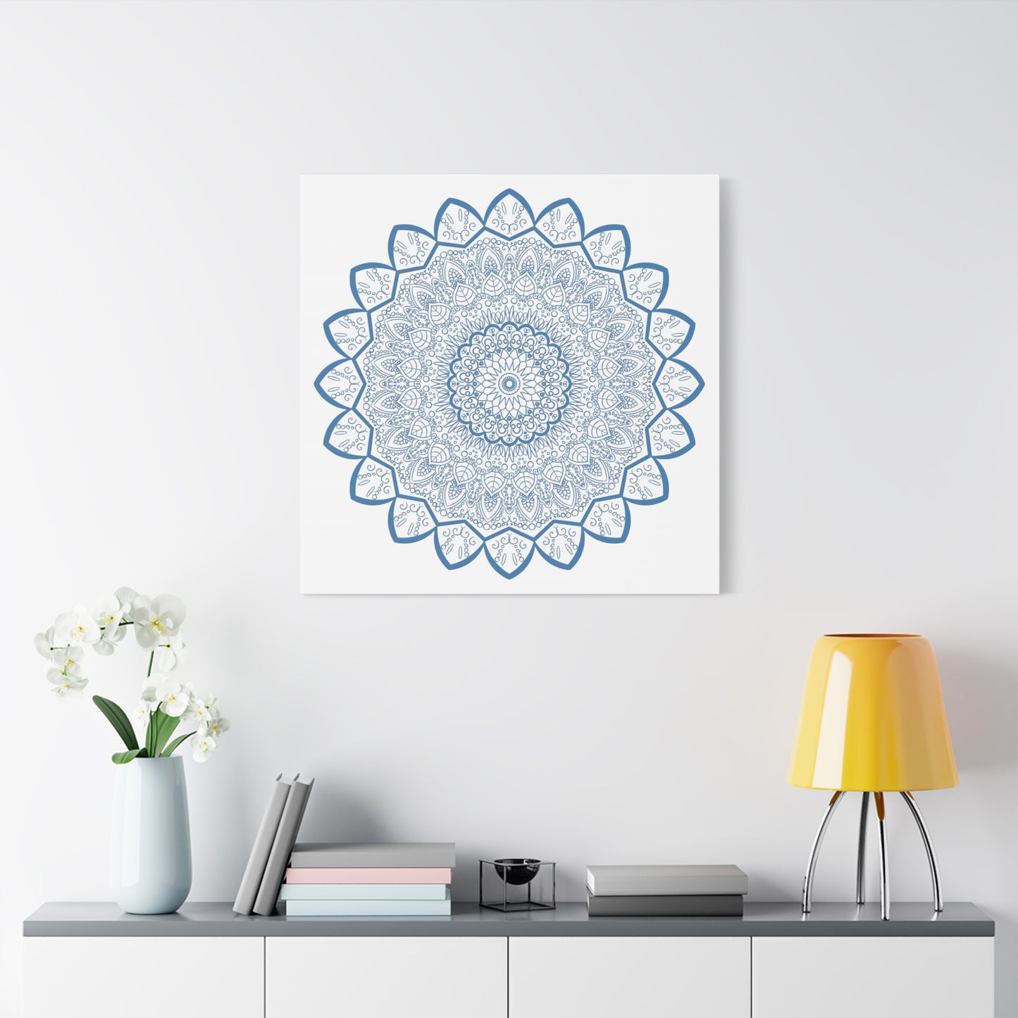 Handmade Mandala Art in Steel Blue, Mandala Design Wall Art on Matte Canvas, Stretched, 125 inches thick