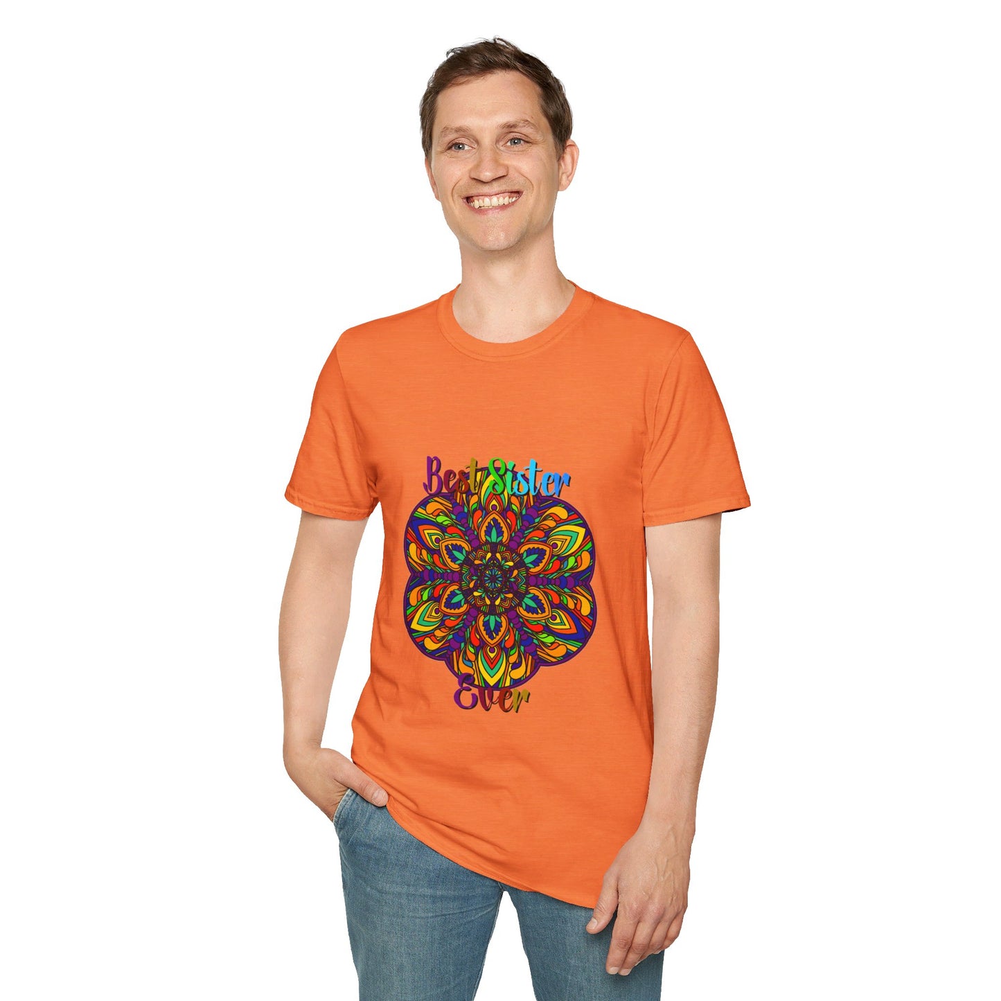 Colorful mandala art gift for sister unisex softstyle t-shirt with intricate hand-drawn design