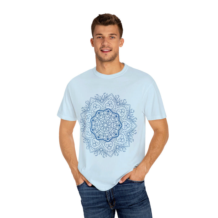 Close-up image of a unisex Mandala Tshirt, featuring a handmade Mandala design and garment-dyed fabric, perfect for art lovers