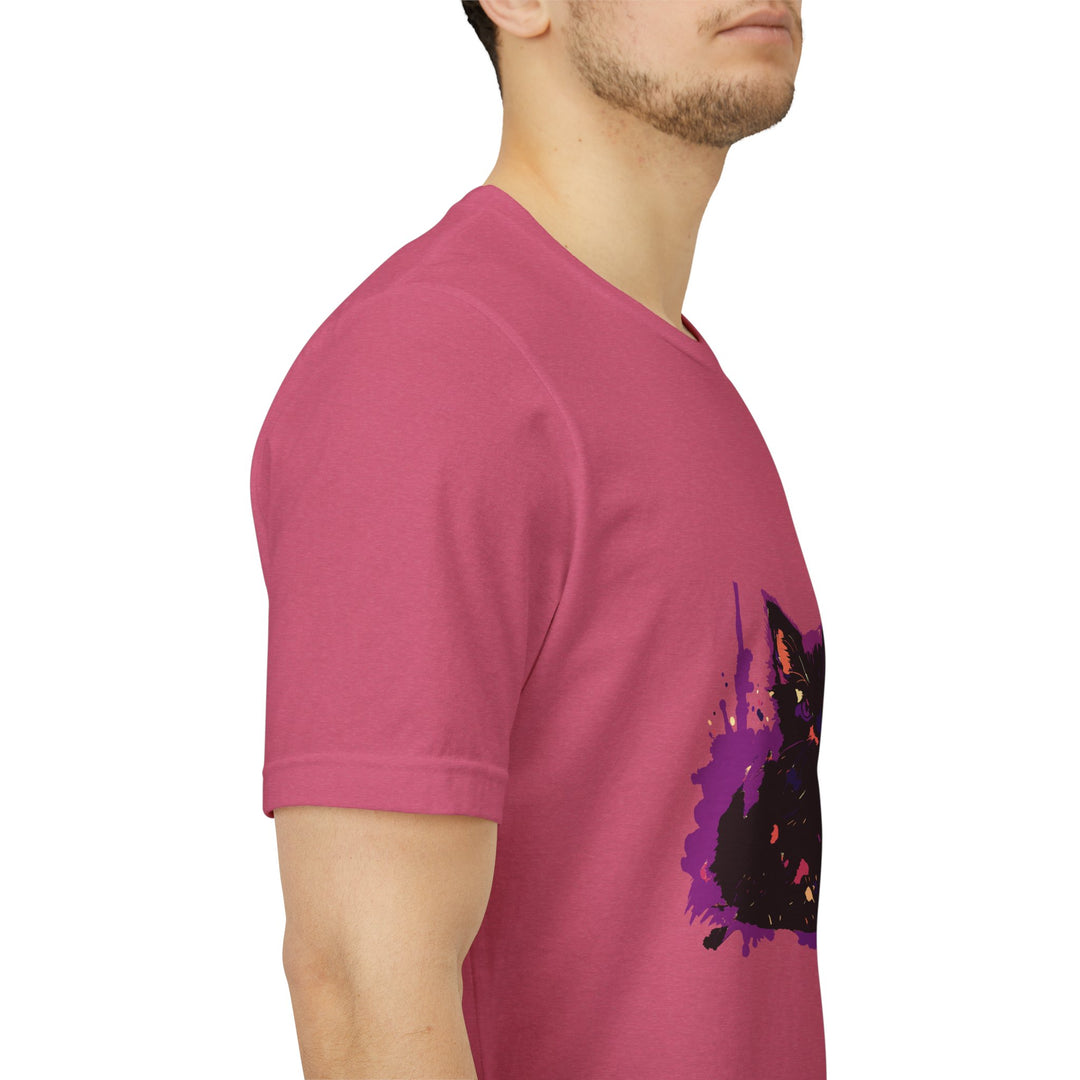 Schwarzes Katzenrätsel – Lila Farbspritzer-T-Shirt