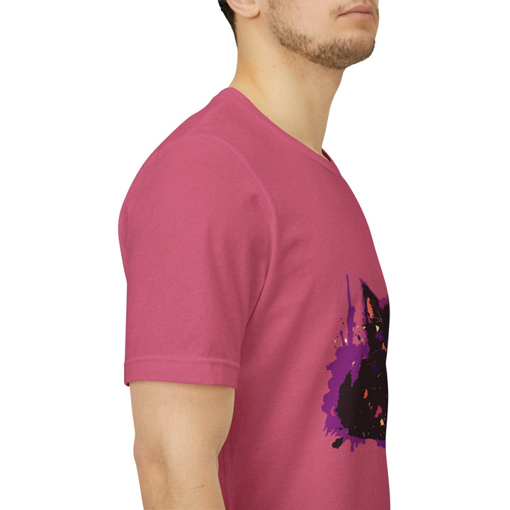 Schwarzes Katzenrätsel – Lila Farbspritzer-T-Shirt