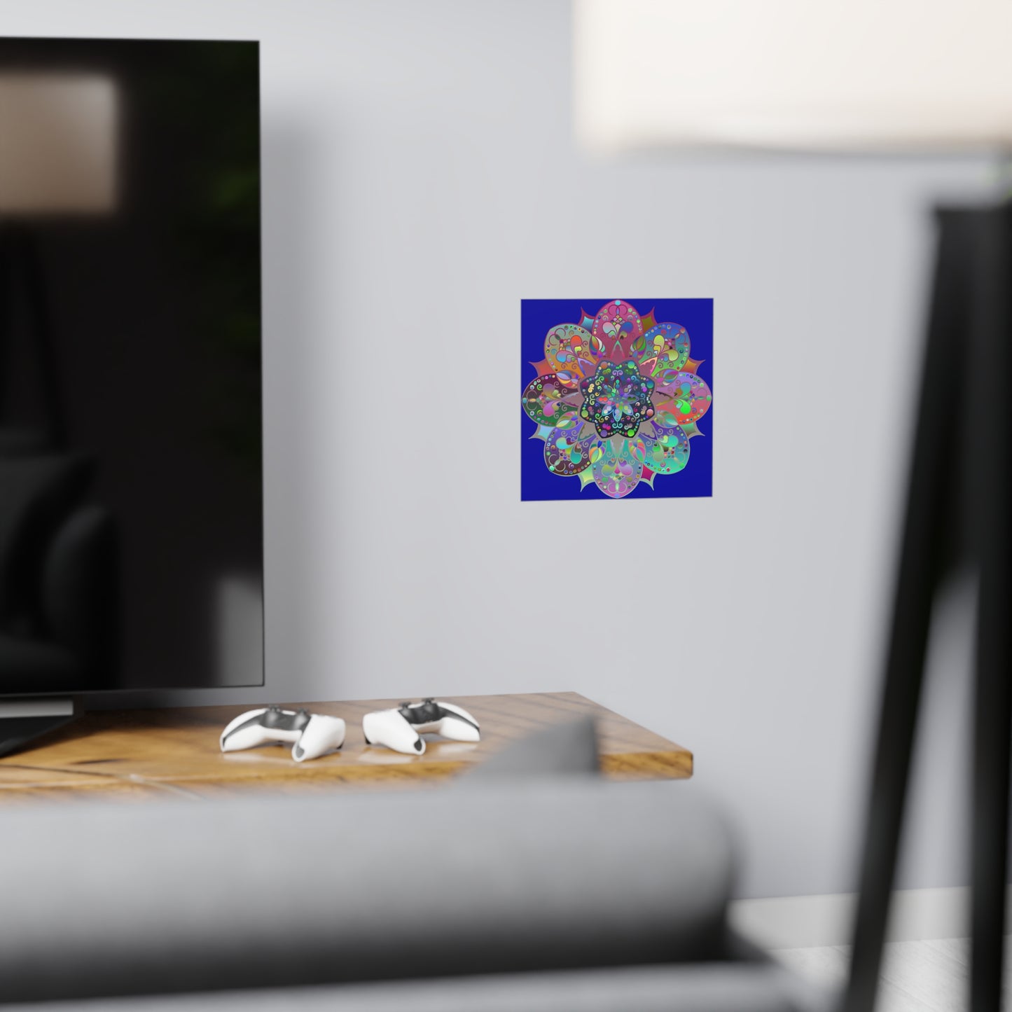 Hand-drawn bright mandala art on a dark blue square matte paper poster, perfect for any space