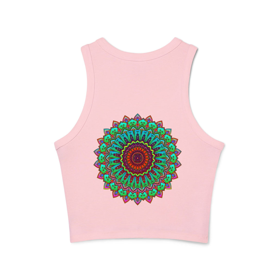 Group of Women Wearing Vibrant Mandala Racerback Tank Tops at a Fitness Class