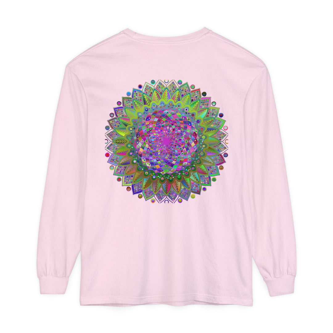 Colorful and intricate mandala design on a unisex long sleeve t-shirt