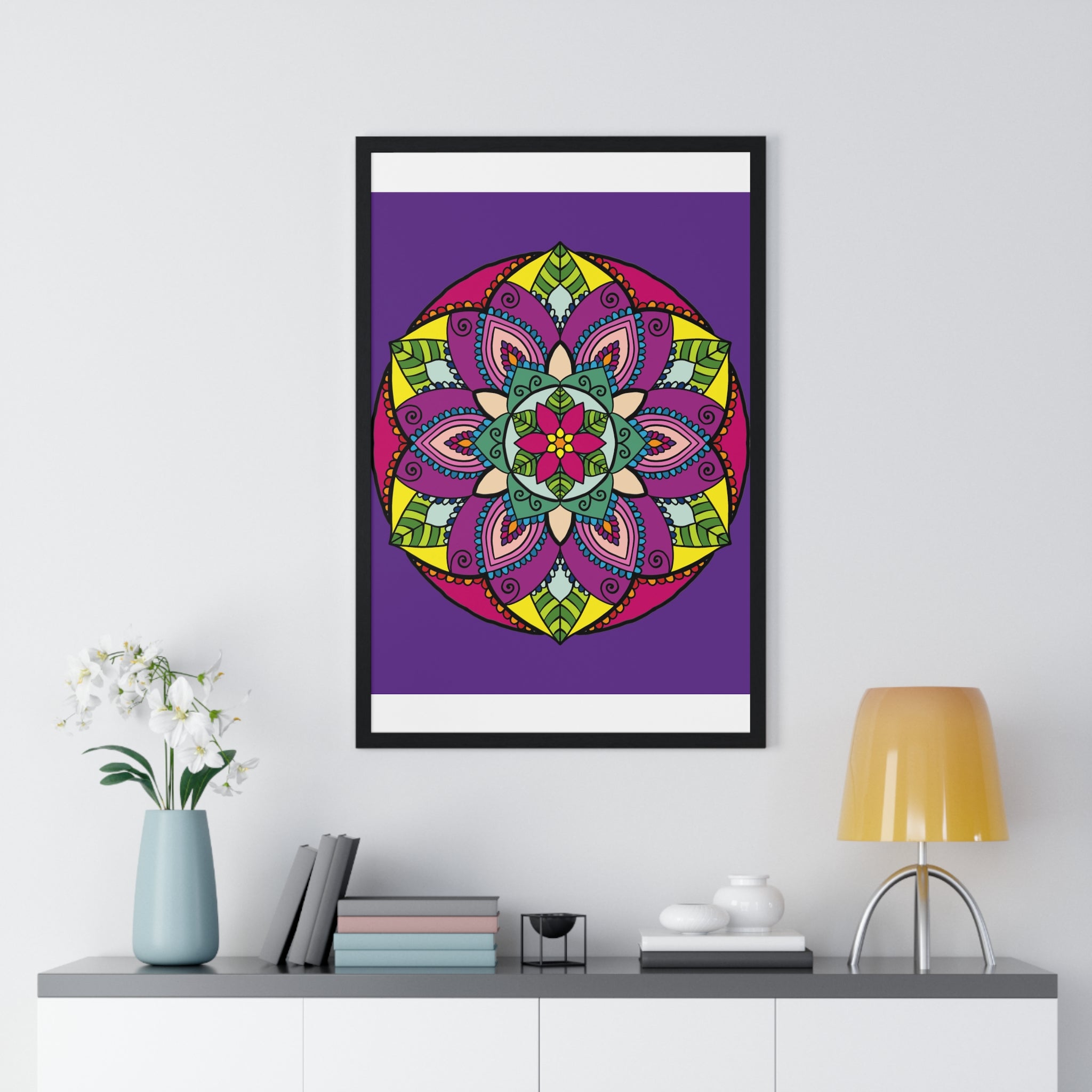 Beautiful purple Mandala art drawn by hand, presented in a vertical framed poster, perfect for mindfulness and yoga enthusiasts