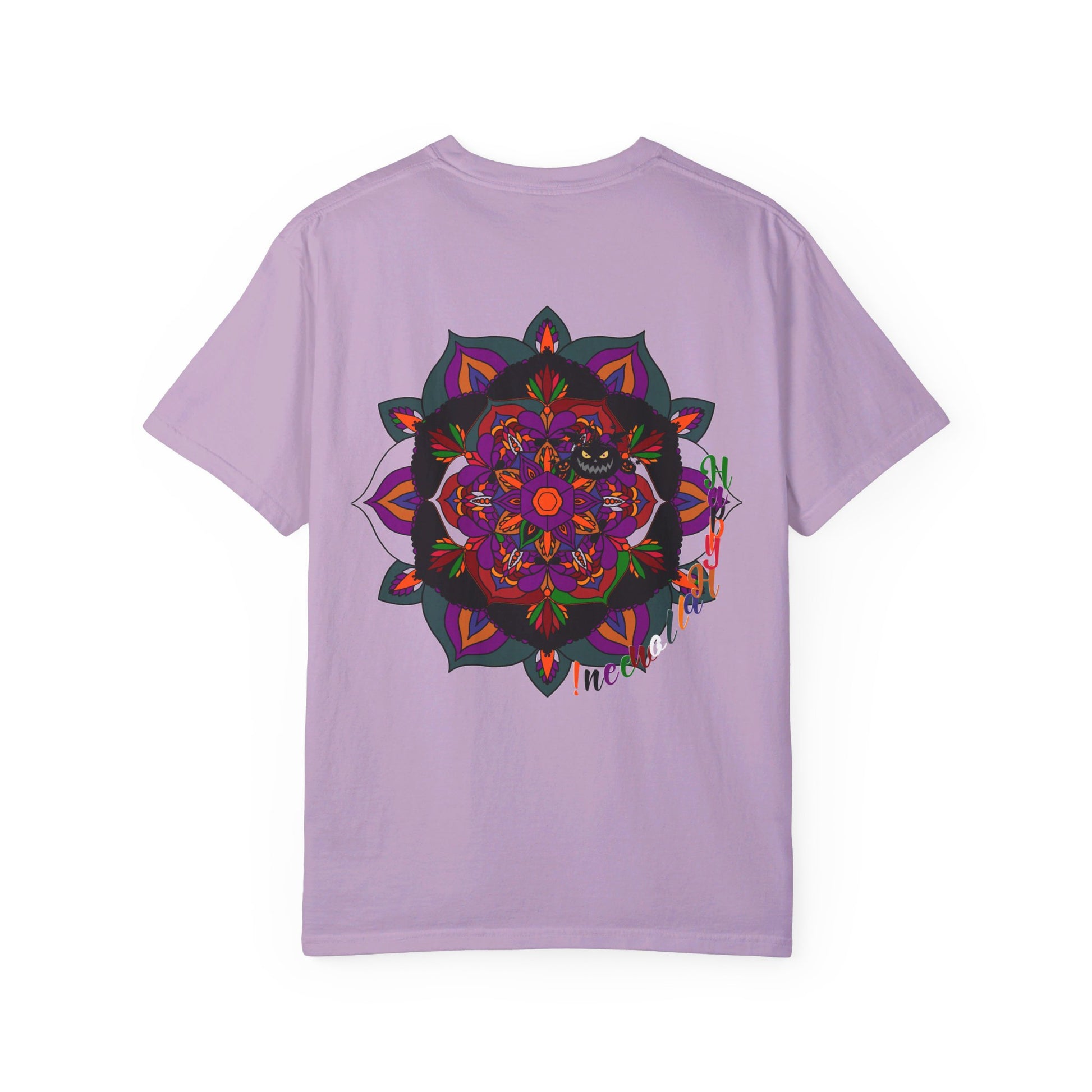 Unisex Halloween Mandala T-shirt featuring handmade pumpkin mandala art on a garment-dyed tee