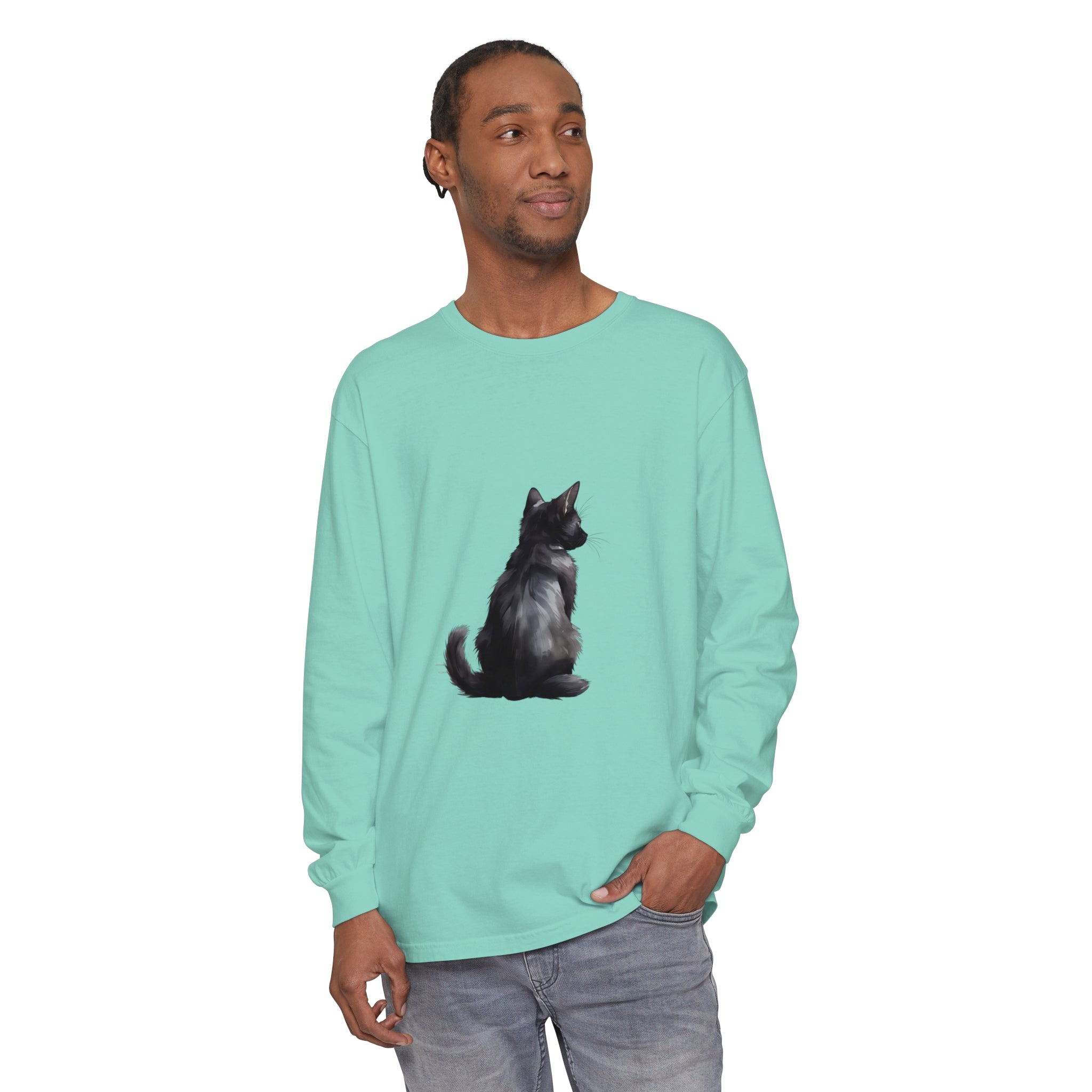 Black Cat Mystery unisex long sleeve tee in black with mysterious cat graphic