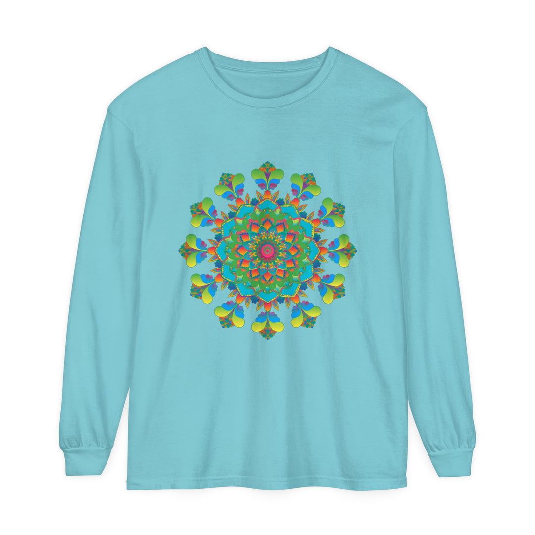 Vibrantly colored long sleeve t-shirt featuring a psychedelic mandala tie dye design