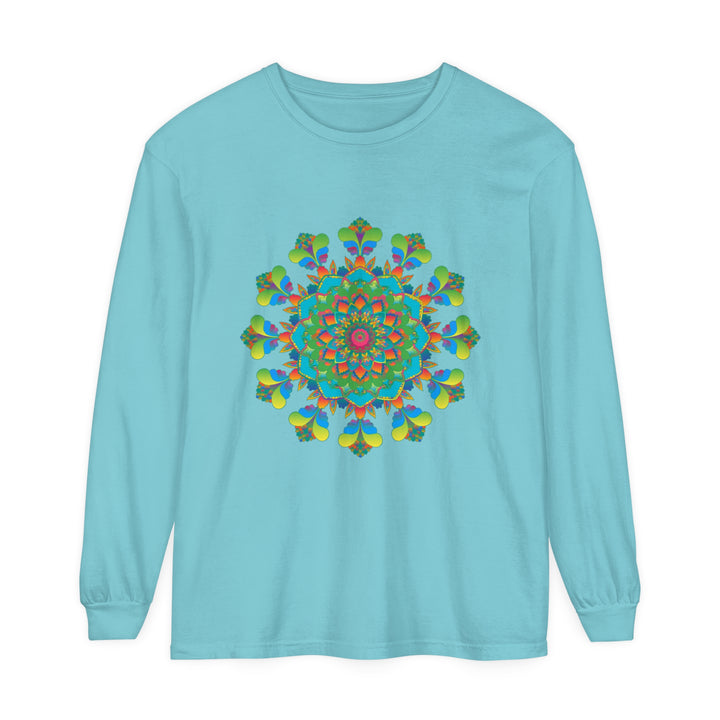 Vibrantly colored long sleeve t-shirt featuring a psychedelic mandala tie dye design