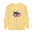 Watercolor illustration of a cute sleeping cat in a bowl on a long sleeve t-shirt