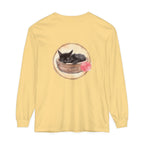 Watercolor illustration of a cute sleeping cat in a bowl on a long sleeve t-shirt