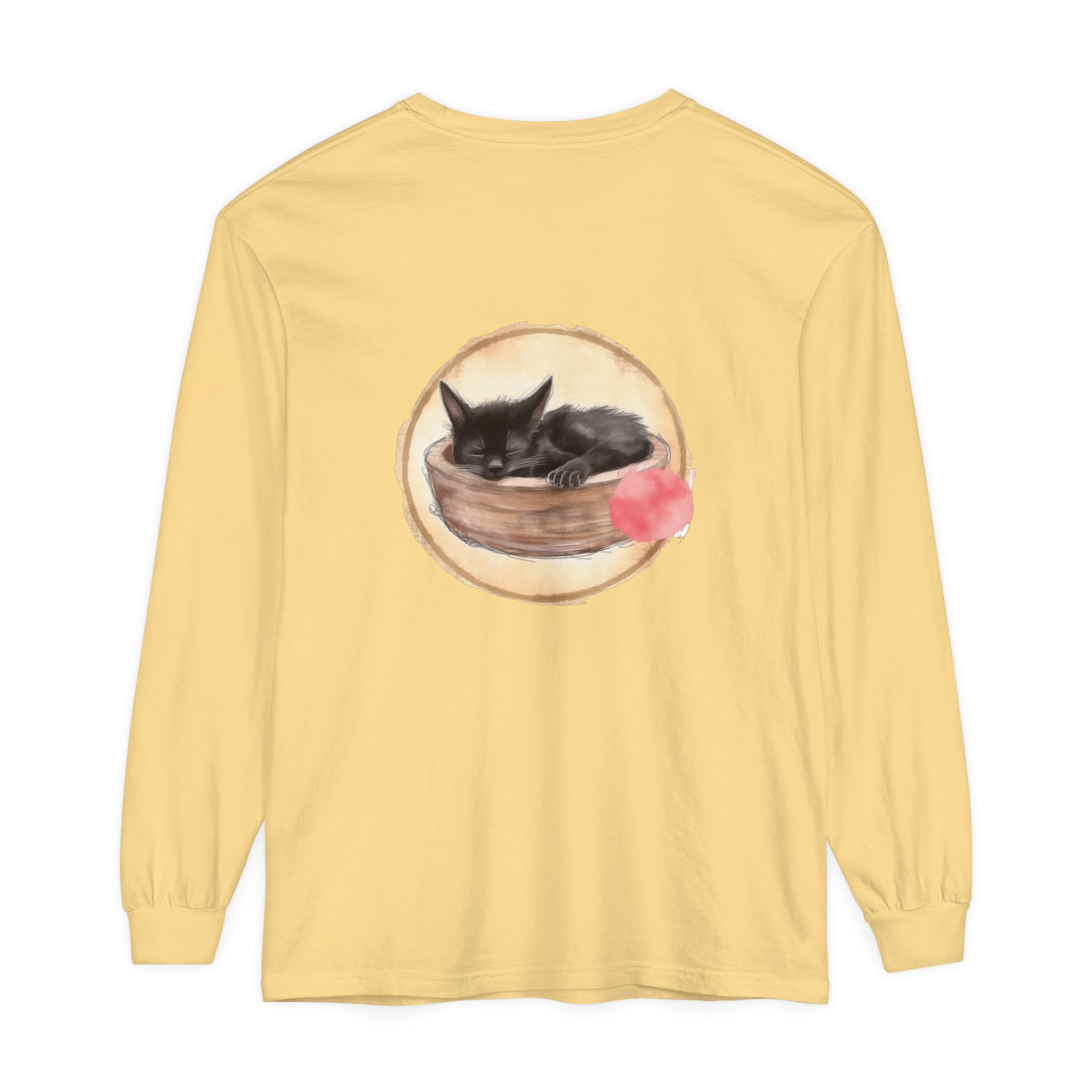 Watercolor illustration of a cute sleeping cat in a bowl on a long sleeve t-shirt