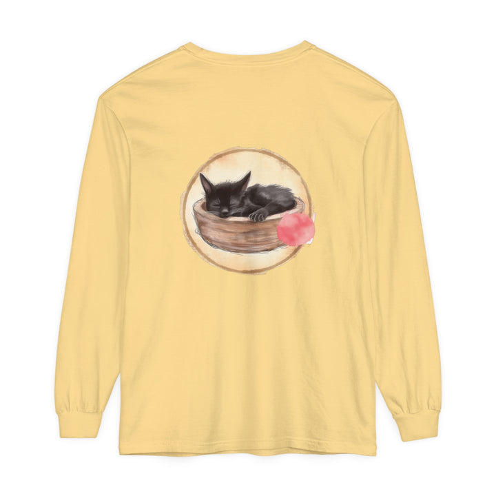 Watercolor illustration of a cute sleeping cat in a bowl on a long sleeve t-shirt