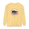 Watercolor illustration of a cute sleeping cat in a bowl on a long sleeve t-shirt