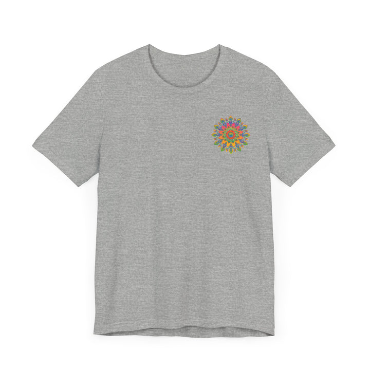 A colorful psychedelic mandala t-shirt featuring spiritual symbols for peace and harmony