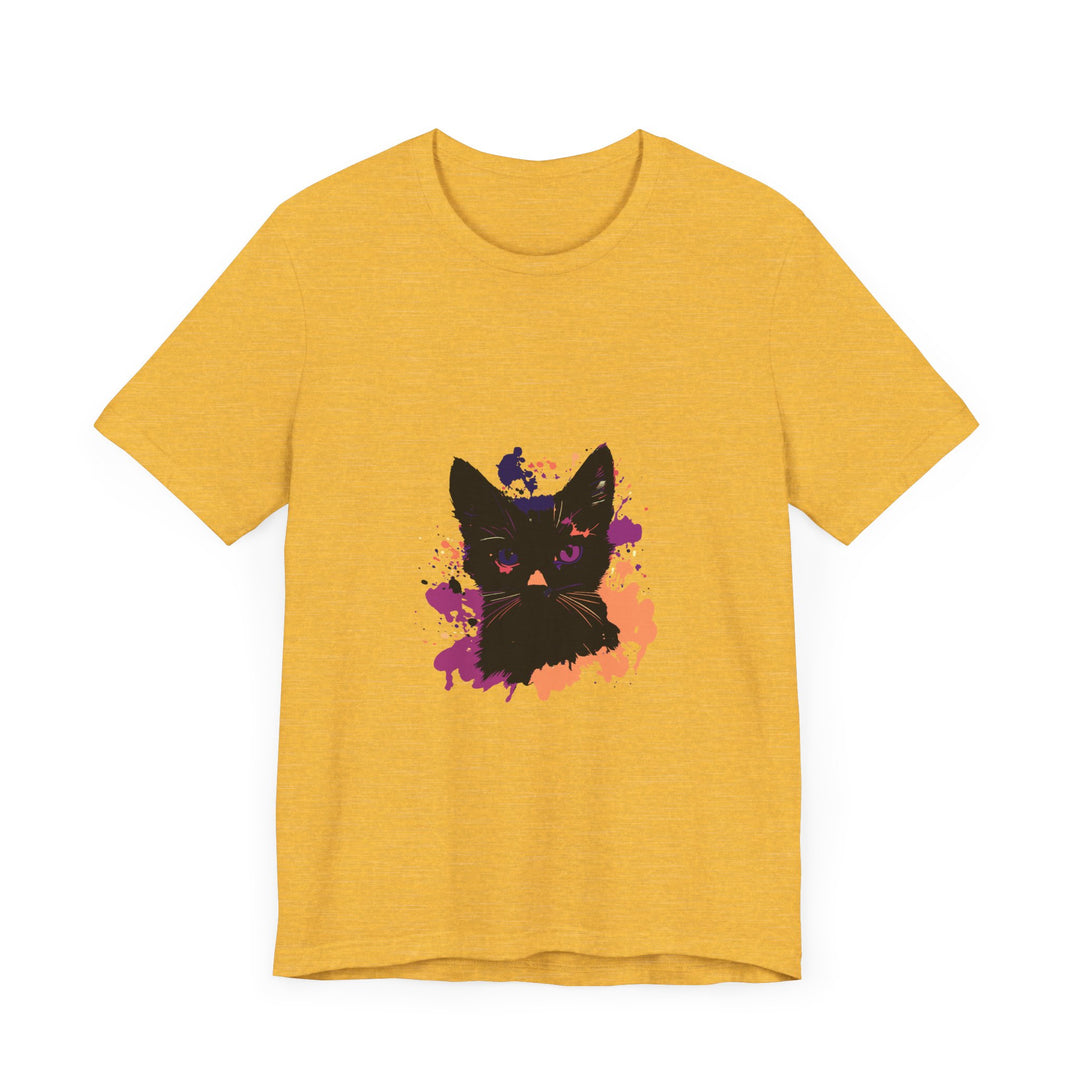 A close-up image of the Black Cat Mystery T-Shirt with vibrant purple eyes design