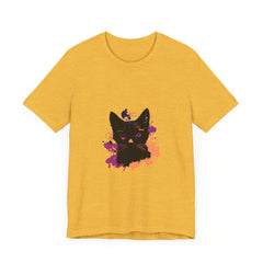 A close-up image of the Black Cat Mystery T-Shirt with vibrant purple eyes design