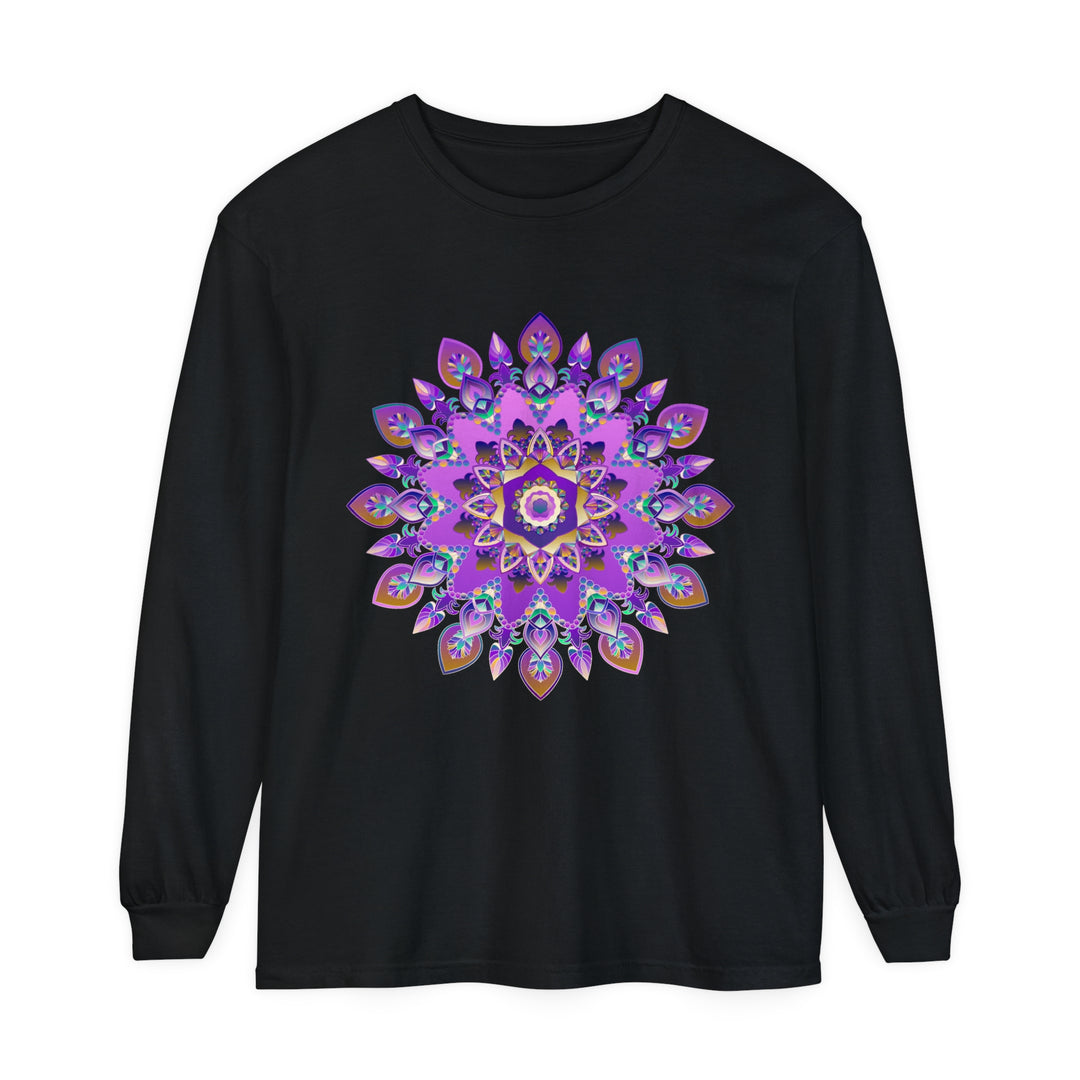 Close-up view of a vibrant purple and gold mandala design on a long sleeve t-shirt