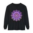 Close-up view of a vibrant purple and gold mandala design on a long sleeve t-shirt