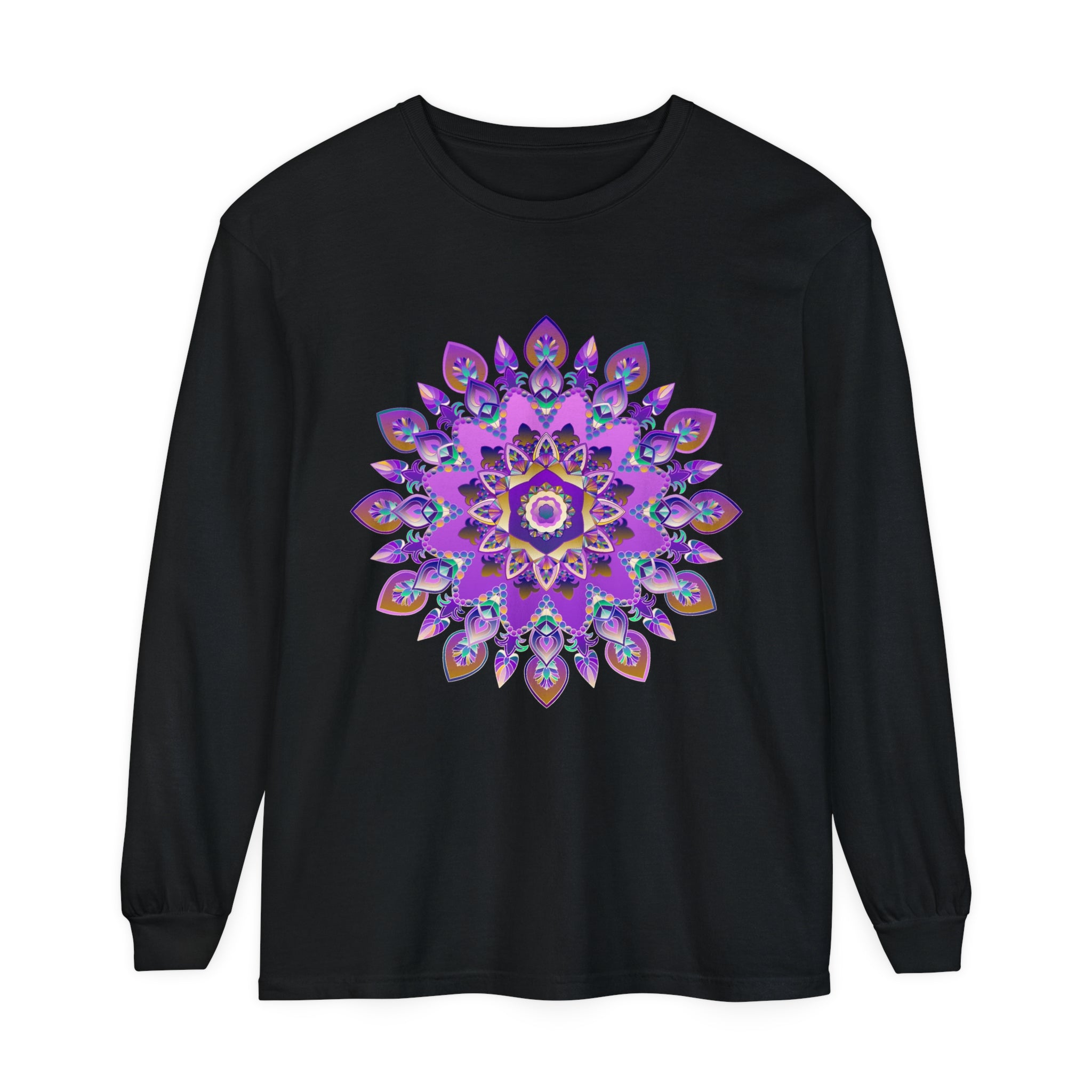 Close-up view of a vibrant purple and gold mandala design on a long sleeve t-shirt