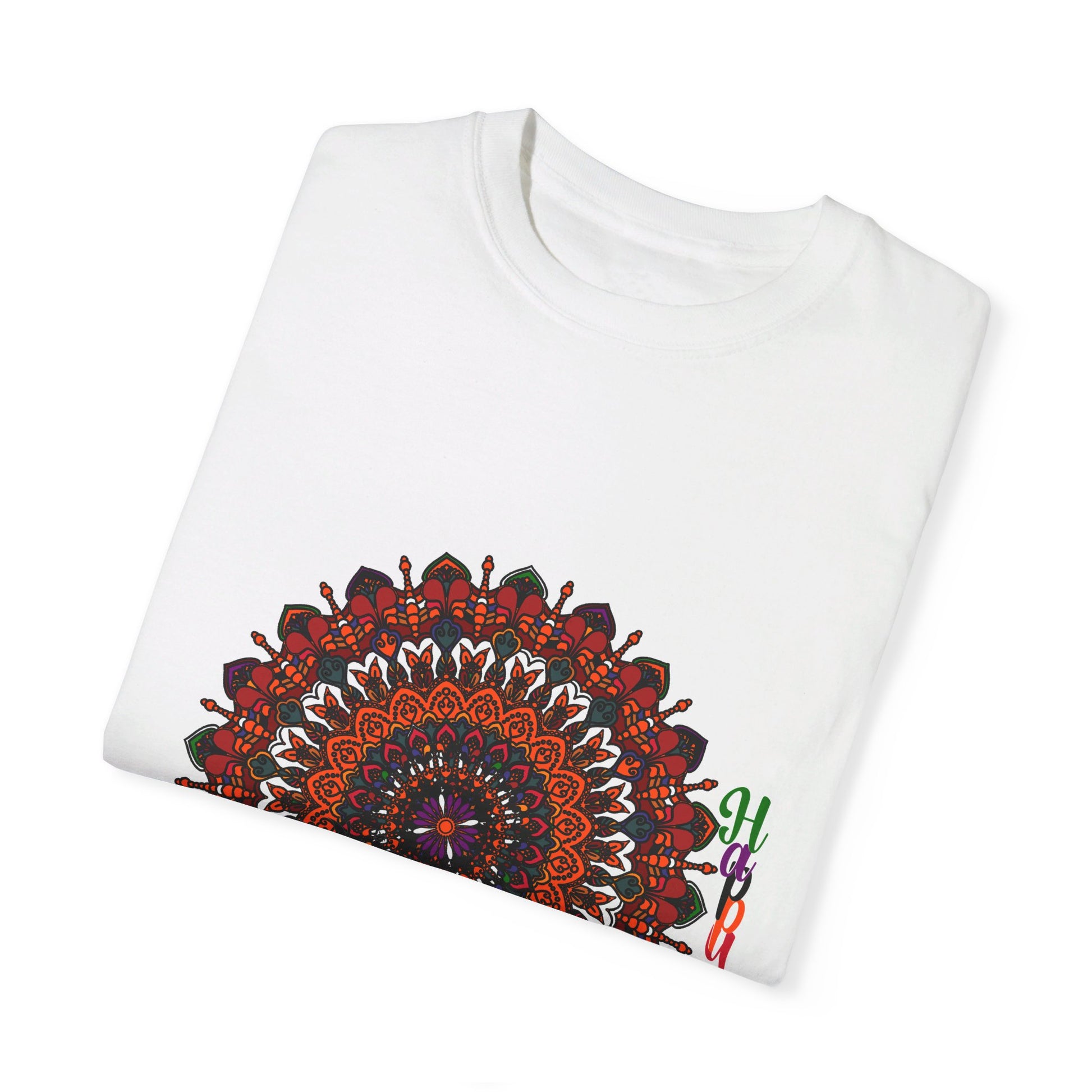 Unisex Halloween Mandala T-shirt featuring a handmade pumpkin mandala art design, on a garment-dyed tee