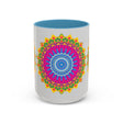 Colorful geometric design mandala art mug with intricate patterns and vibrant colors