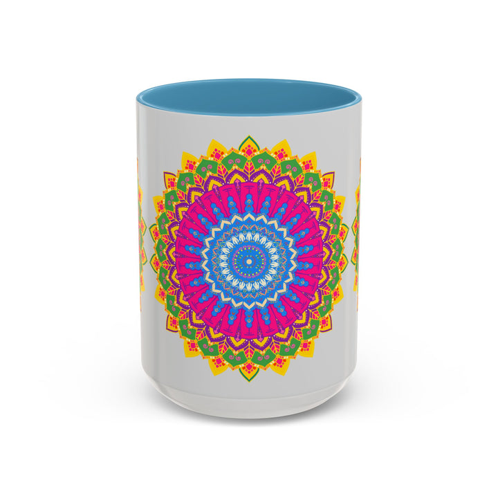 Colorful geometric design mandala art mug with intricate patterns and vibrant colors