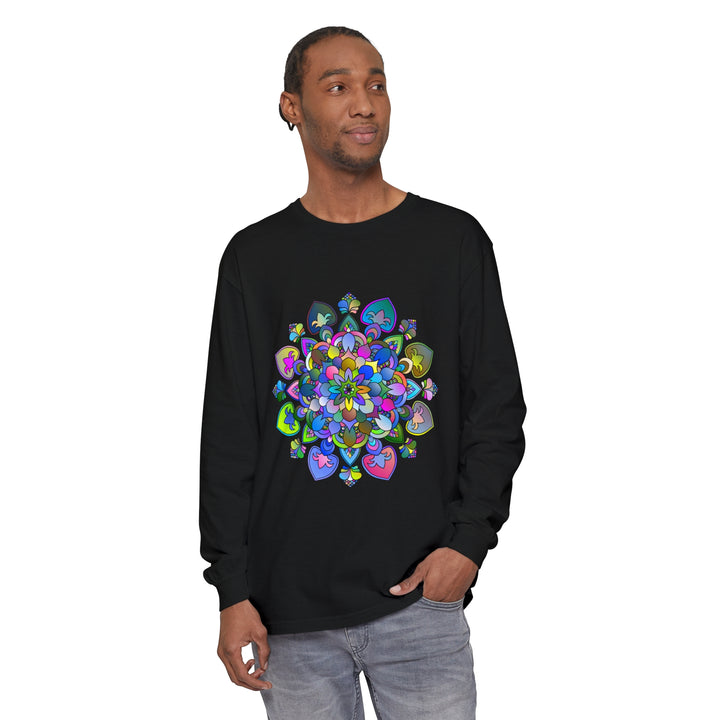 Colorful and intricate mandala design on a long sleeve t-shirt