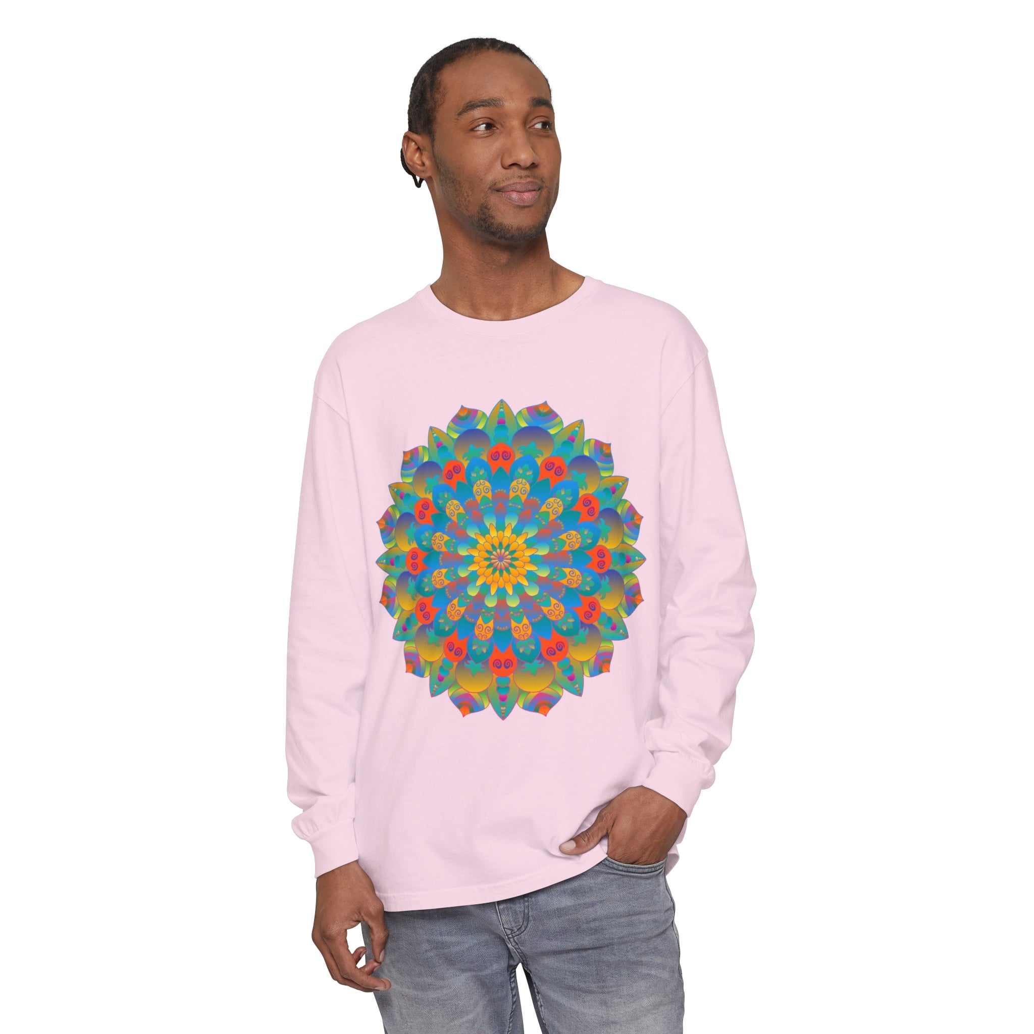 Colorful, intricate mandala design printed on a unisex long sleeve t-shirt