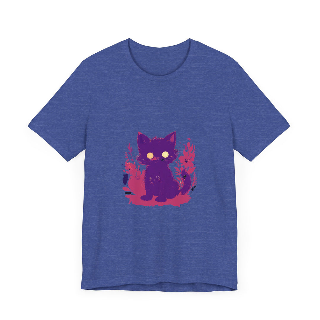 A purple t-shirt with a whimsical design featuring a mysterious cat