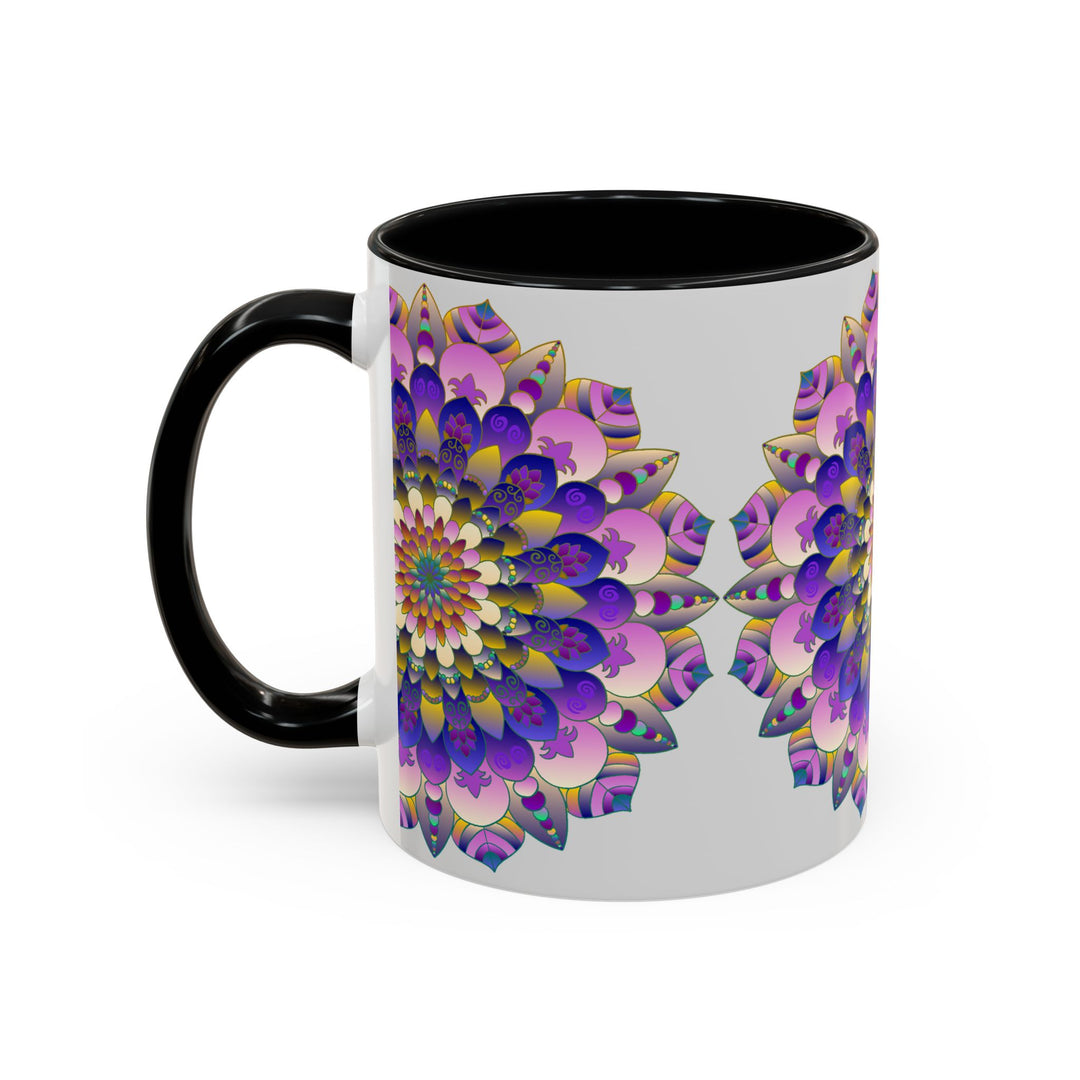 Beautiful mandala art mug with vibrant colors on a grey background