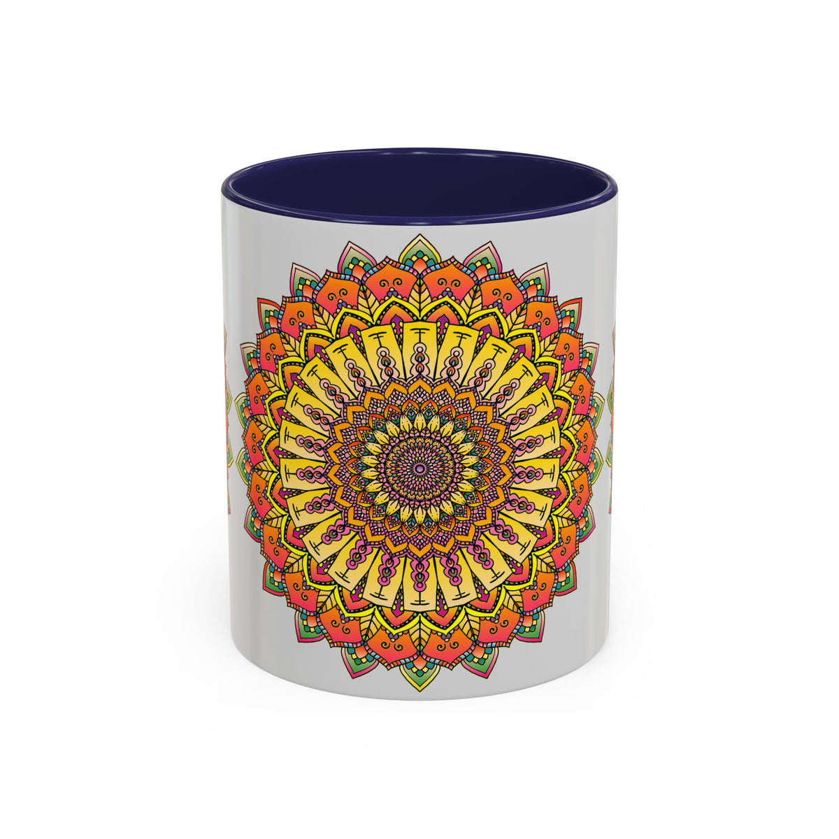 A grey mug with a vibrant mandala design in various colors