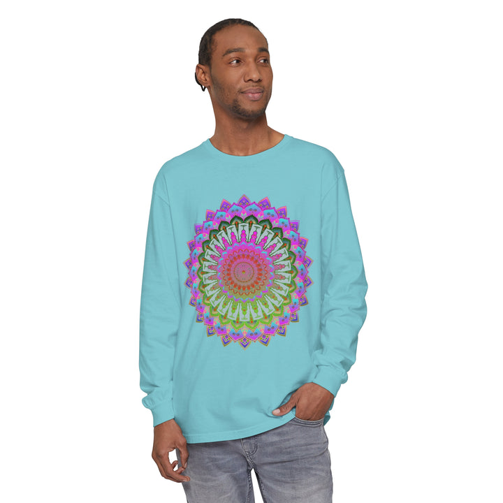 Colorful and intricate mandala design on a unisex long sleeve t-shirt