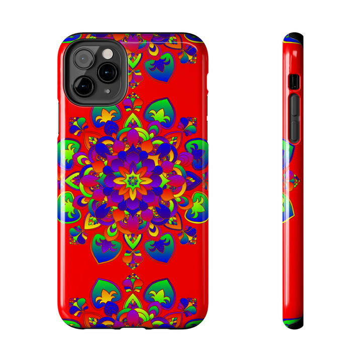 Hand Drawn Mandala Art Red - Phone Case with intricate red mandala design on a black phone case