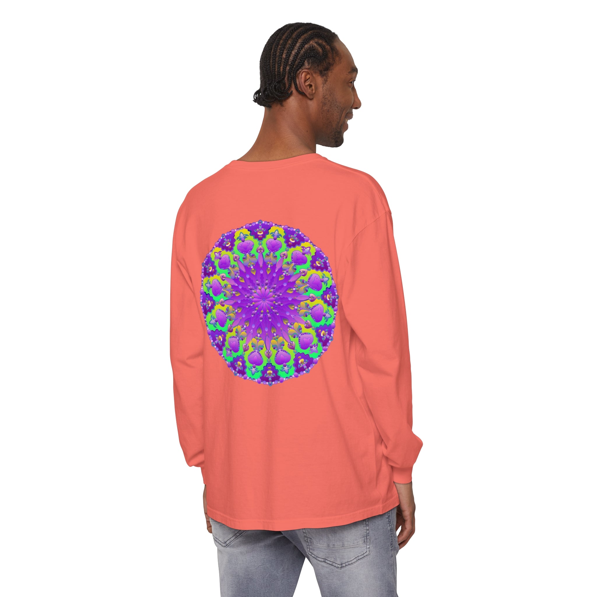 Vibrant purple and green mandala long sleeve t-shirt with intricate design