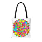 Vibrant and intricate mandala art design featured on a colorful tote bag