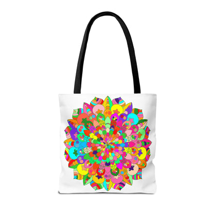 Vibrant and intricate mandala art design featured on a colorful tote bag