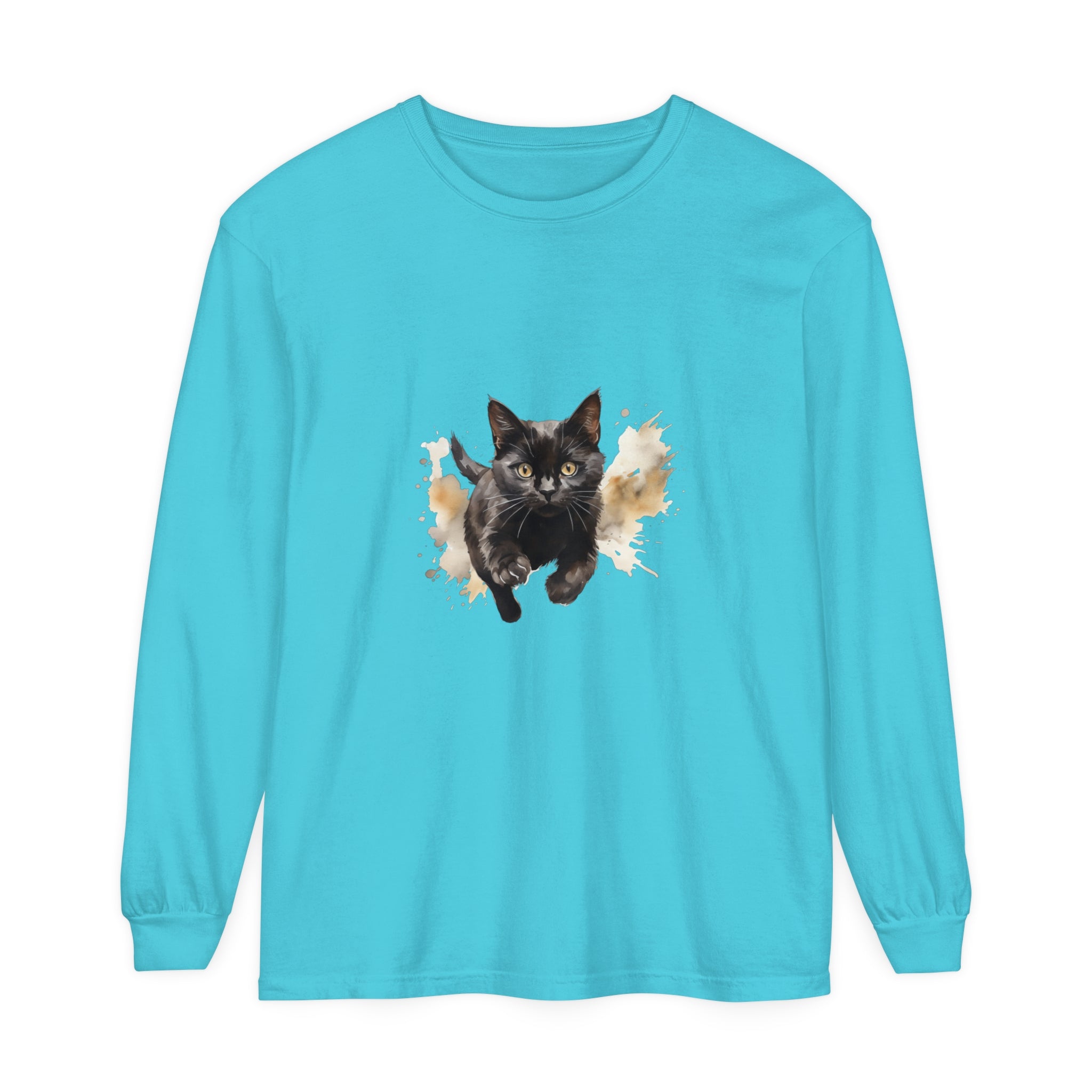 Black Cat Watercolor Sprint Unisex T-Shirt featuring a vibrant watercolor print of a black cat on a high-quality, comfortable t-shirt