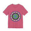 Vibrant Mandala Tee showcasing a colorful and intricate design with bold red, blue, and yellow patterns on a soft, comfortable fabric