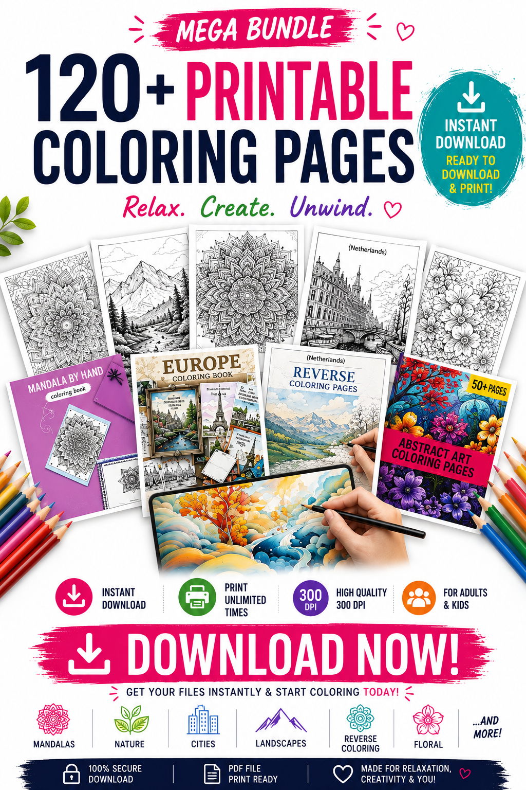 Ultimate Coloring Mega Bundle | 4 Premium Books — 120+ Pages | Nature, Mandala, Landmarks & More