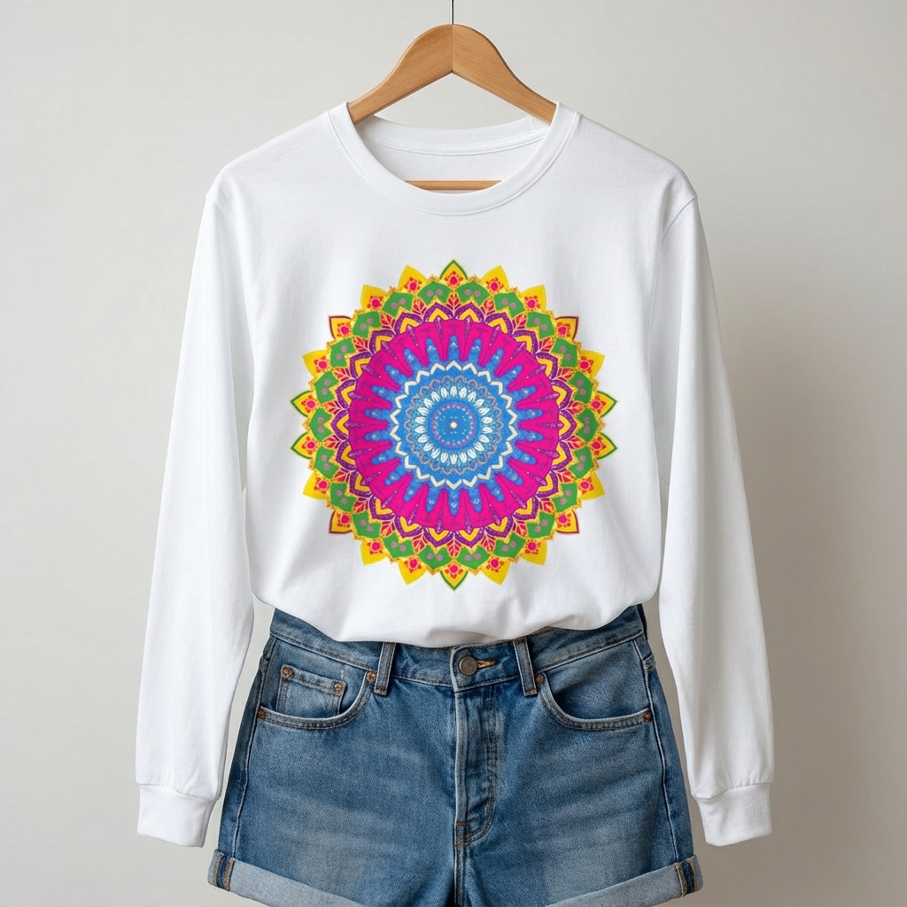 Lifestyle flatlay of a mandala art t-shirt on a wooden hanger with denim shorts underneath, showing the colorful mandala design on a clean front view mock-up.