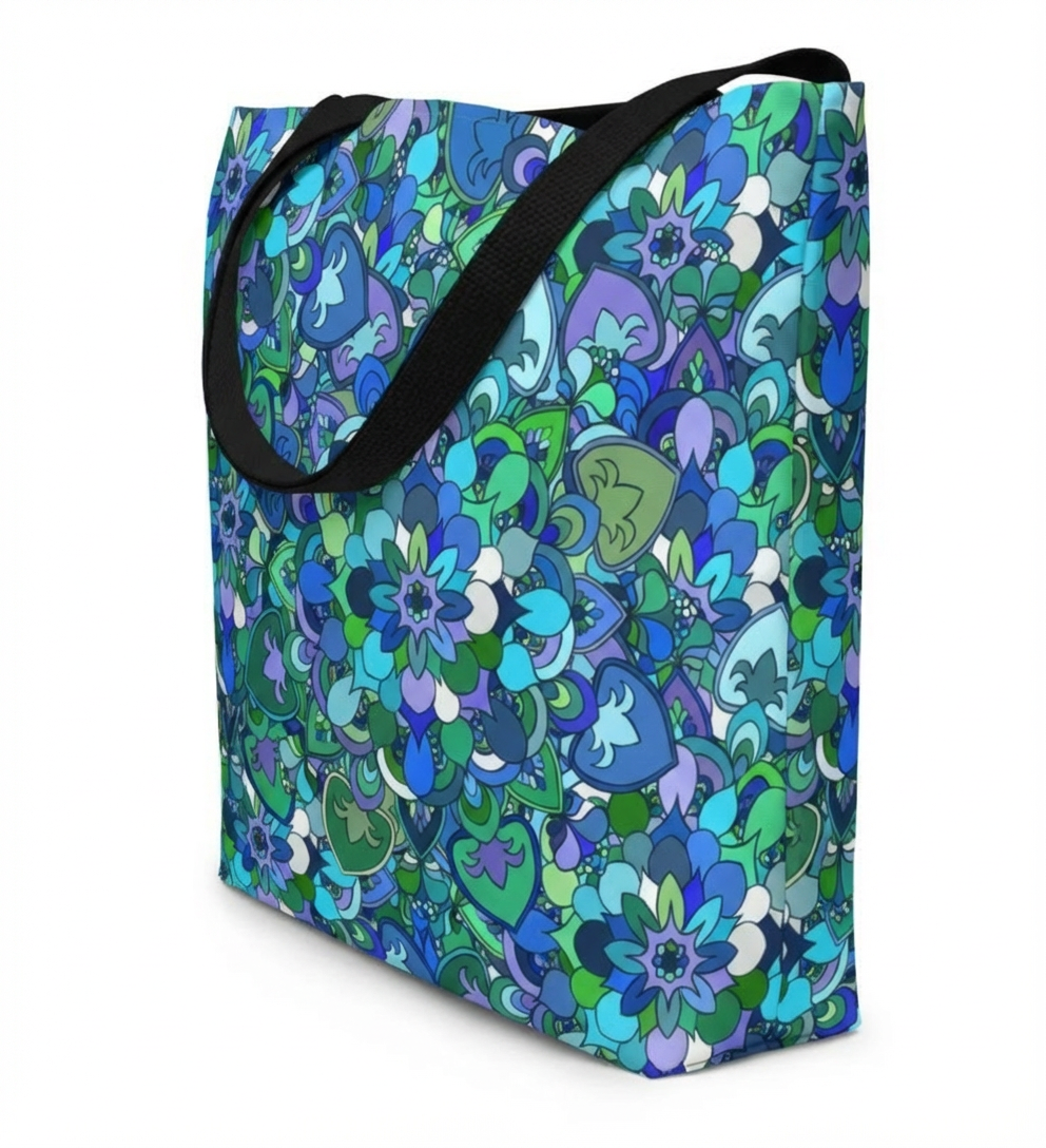 Borsa tote con stampa mandala floreale blu-verde — Shopper con stampa integrale vivace
