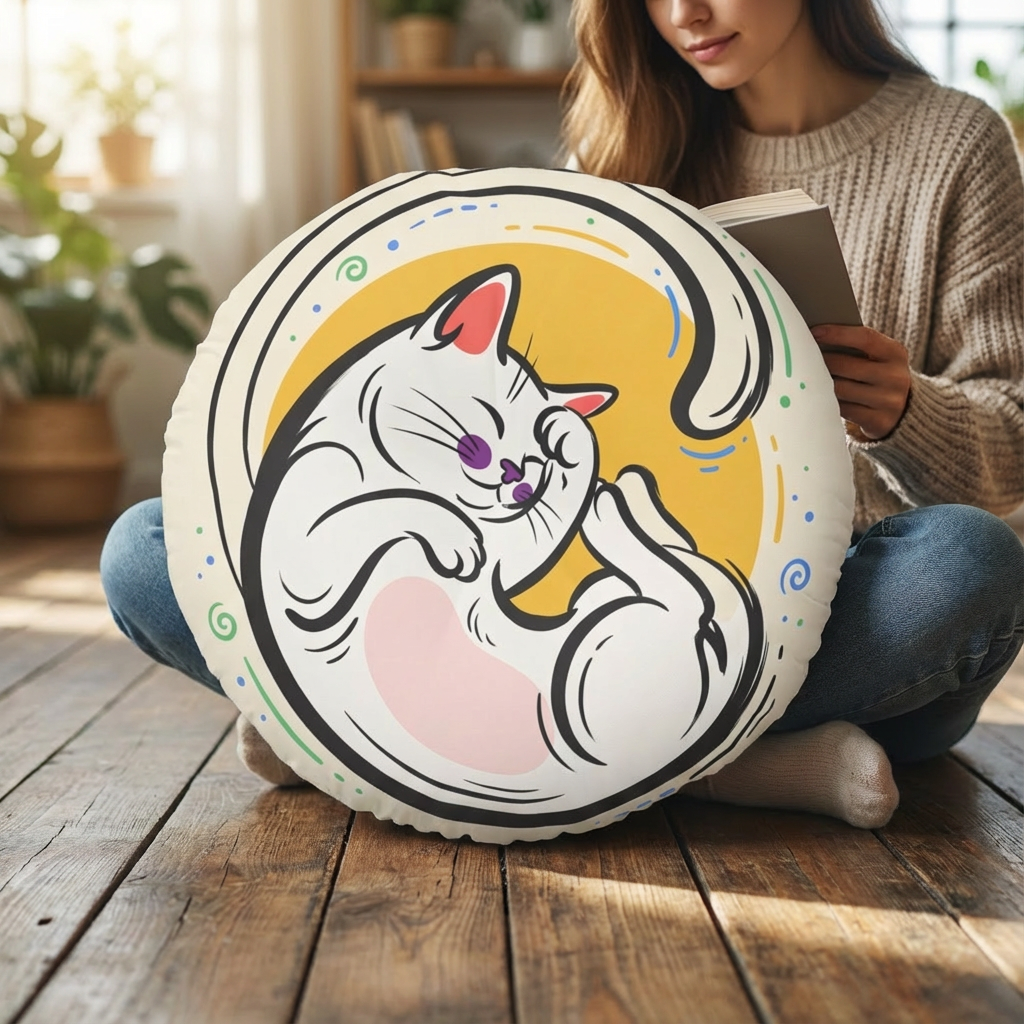 Pink-red #FF6B6B round tufted cat floor pillow with line-art crescent cat design; lifestyle setting shows cozy, relaxed home scene