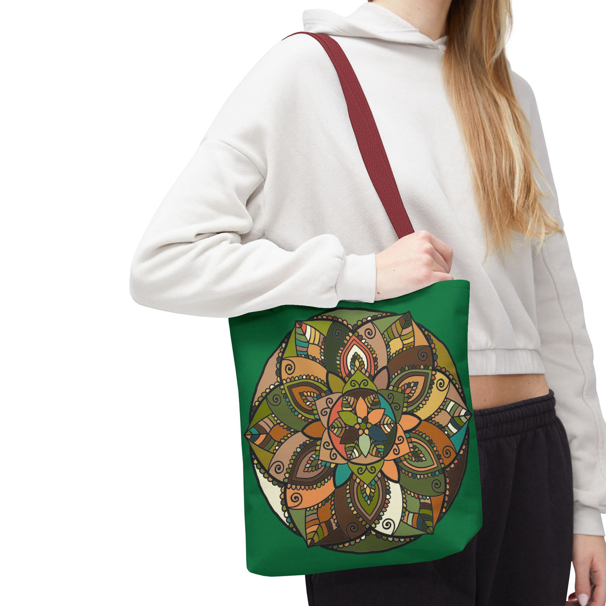 Boho Mandala Tote Bag — Green Floral Pattern AOP Shopper