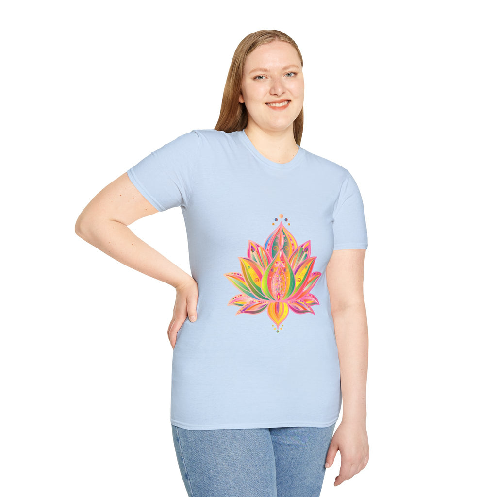 Lotus Mandala Unisex T-Shirt featuring a hand-drawn, unique design by Blululi