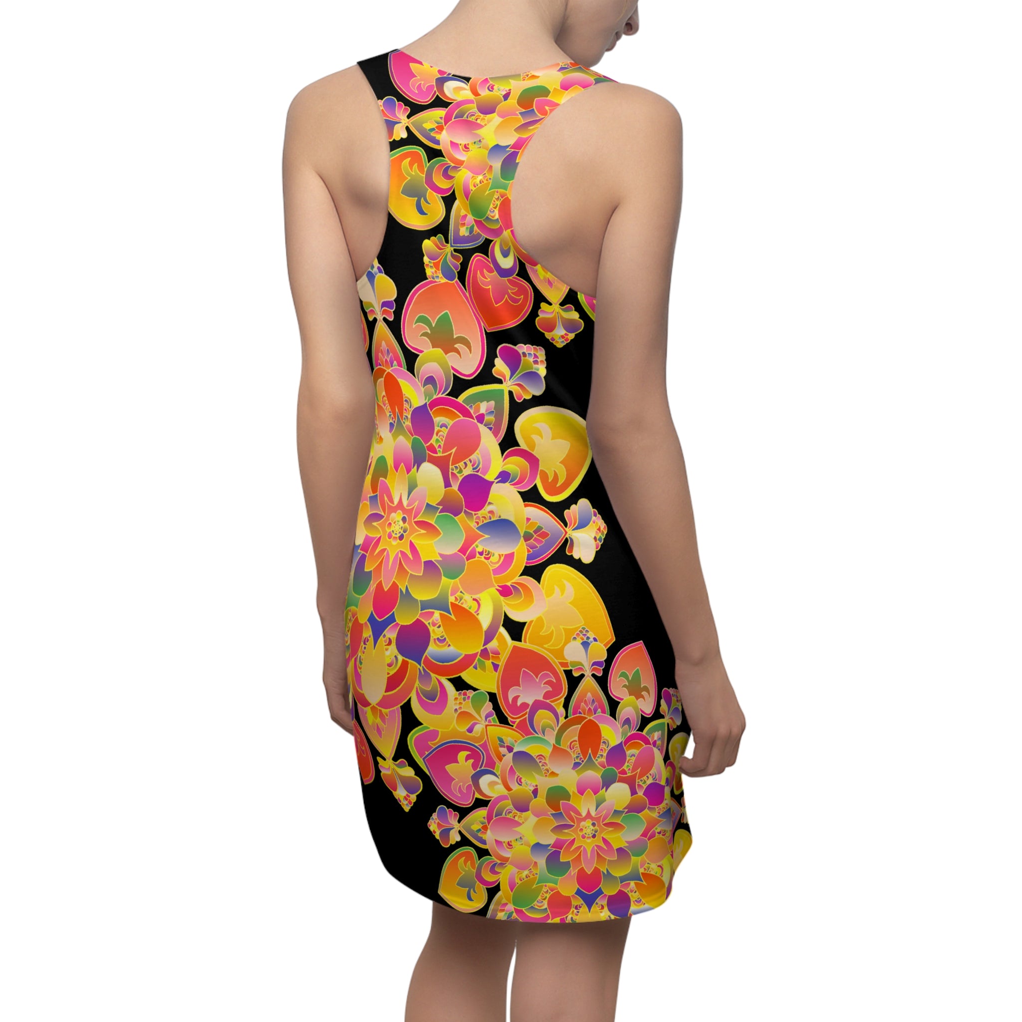 Abito con schiena incrociata e mandala a cuore floreale — Bright Psychedelic AOP