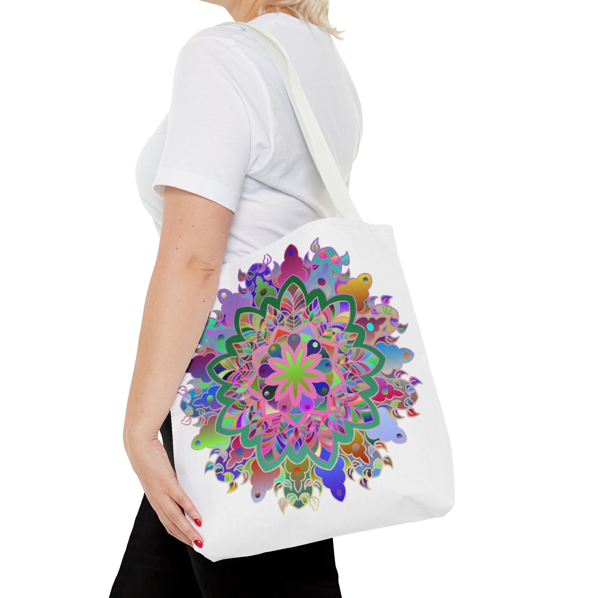 Vibrant and intricate mandala design tote bag with colorful patterns