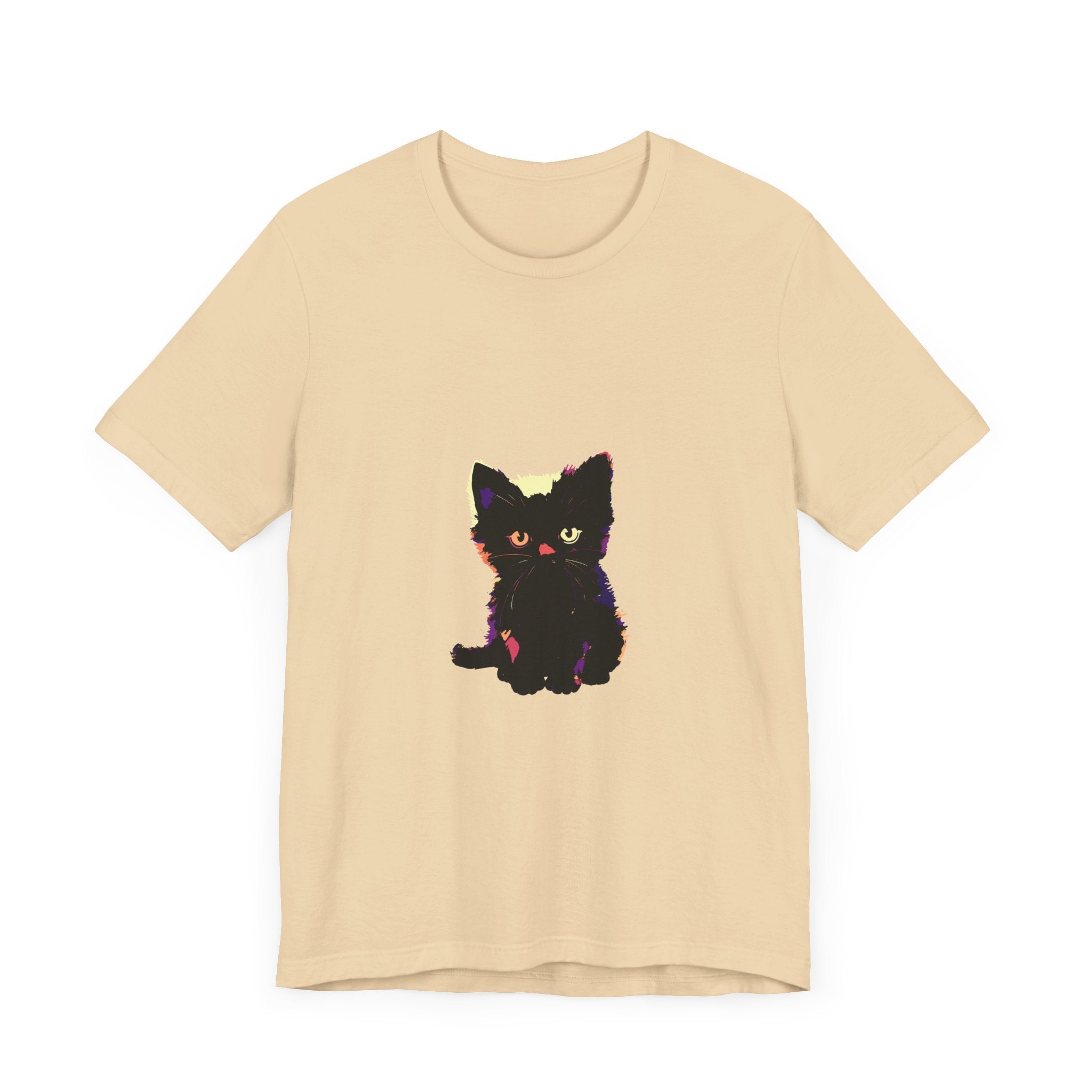 A close-up of a cute black cat graphic tee with a playful design featuring a black cat