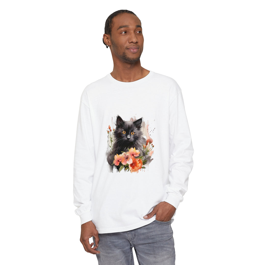 A beautiful watercolor t-shirt featuring a black cat surrounded by colorful flowers