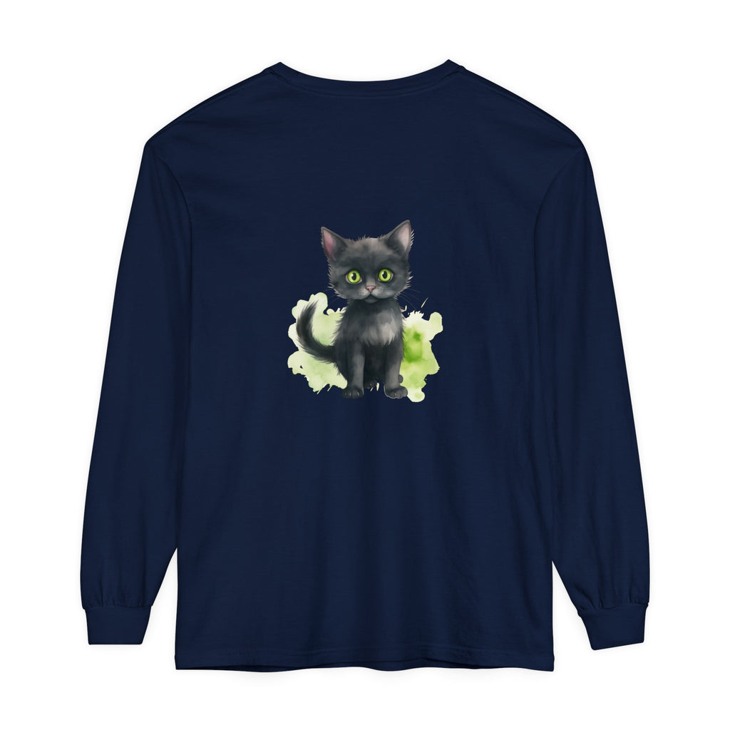 Black Cat Watercolor Long Sleeve T-Shirt featuring a stunning watercolor design of a black cat on a high-quality, comfortable long sleeve shirt